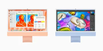 iMac M6 vs. M4: two 24-inch iMacs in orange and blue side by side from the front, creative apps on the displays