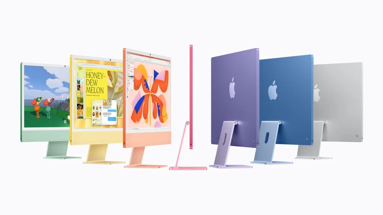 iMac M6 in green, yellow, orange, pink, purple, blue and silver, some shown from the front, some from the back