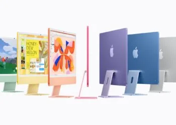 iMac M6 in green, yellow, orange, pink, purple, blue and silver, some shown from the front, some from the back