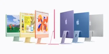iMac M6 in green, yellow, orange, pink, purple, blue and silver, some shown from the front, some from the back