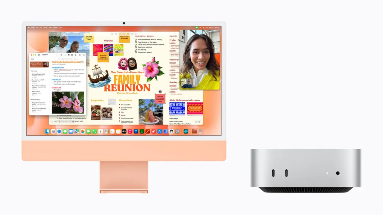 iMac vs. Mac mini: orange iMac with the Notes app open next to a silver Mac mini, front with two USB-C ports and headphone jack