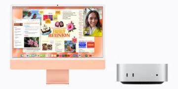 iMac vs. Mac mini: orange iMac with the Notes app open next to a silver Mac mini, front with two USB-C ports and headphone jack