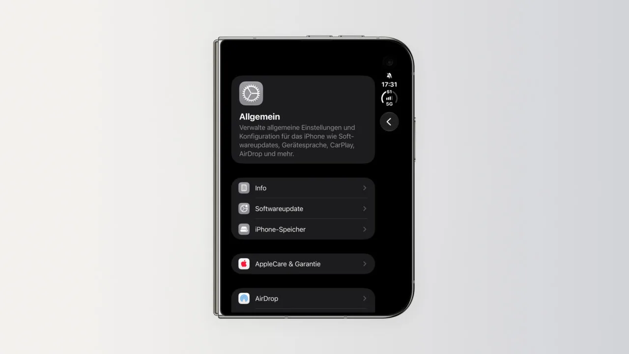 iOS 27.3: folded iPhone Duo showing the General section of Settings, including the Software Update entry