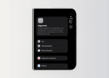 iOS 27.3: folded iPhone Duo showing the General section of Settings, including the Software Update entry
