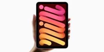 For the iPad mini 8 Smart Folio: the current iPad mini with a light frame held upright in one hand, its display showing a wallpaper of pink and orange ribbons
