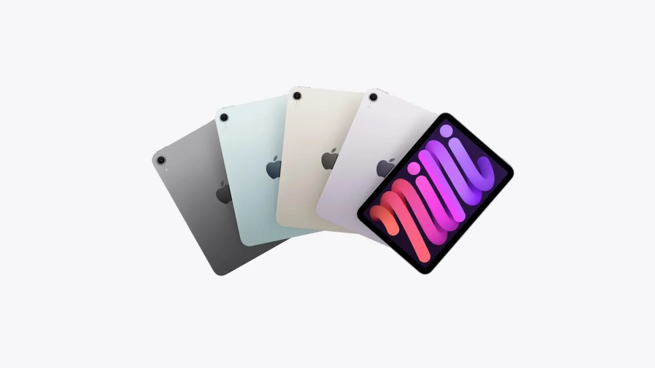 iPad mini 8 OLED: The current iPad mini in space gray, blue, starlight and purple, the front one with its display on
