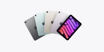 iPad mini 8 OLED: The current iPad mini in space gray, blue, starlight and purple, the front one with its display on