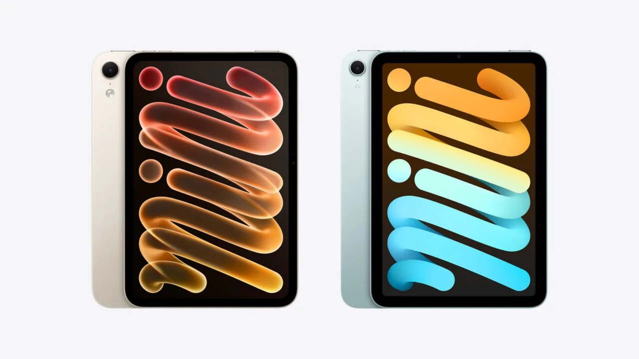iPad mini A20 Pro vs A17 Pro: the previous model in blue on the left, the new model in starlight on the right, each shown from the front with the back