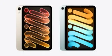 iPad mini A20 Pro vs A17 Pro: the previous model in blue on the left, the new model in starlight on the right, each shown from the front with the back