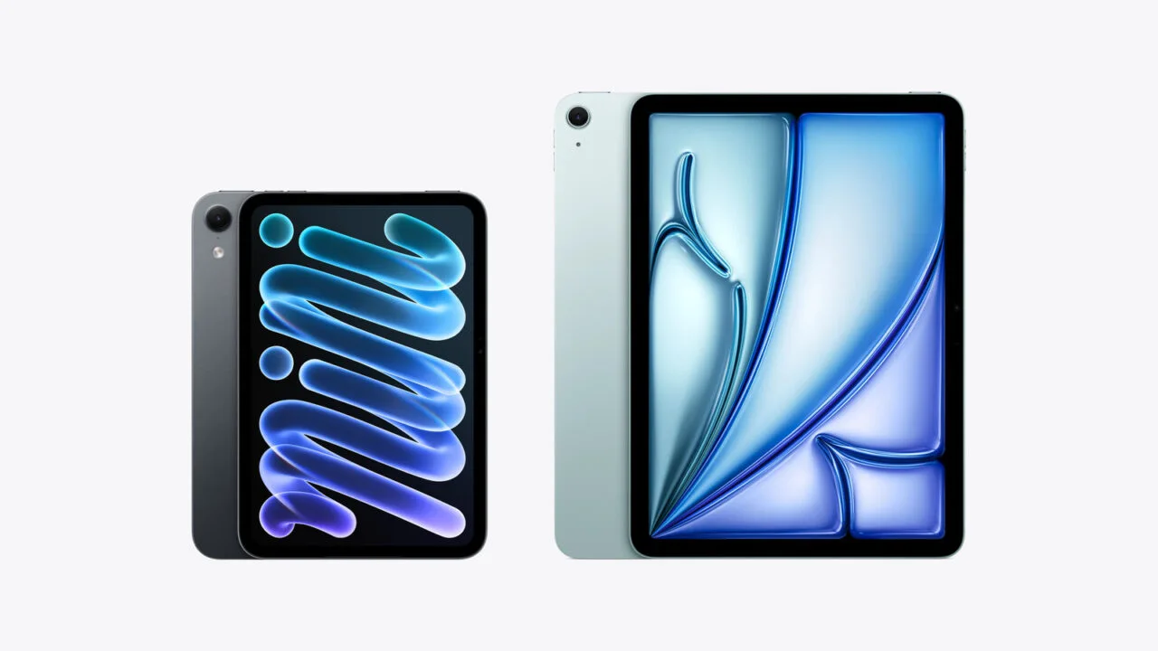 iPad mini vs. iPad Air: the iPad mini in midnight on the left, the 11-inch iPad Air in blue on the right, side by side to scale, shown from the front with the back