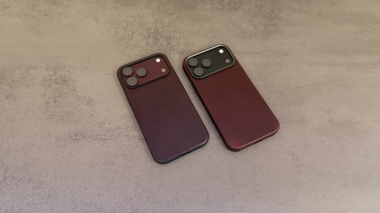Nomad cases iPhone 18 Pro: Modern Leather Case and Traditional Leather Case in Burgundy side by side on a grey surface