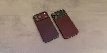 Nomad cases iPhone 18 Pro: Modern Leather Case and Traditional Leather Case in Burgundy side by side on a grey surface