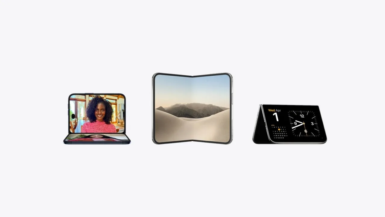 iPhone Duo repair costs: three iPhone Duo units in different positions, half open with a video call on the left, unfolded with a desert landscape in the middle, propped up with a clock and calendar on the right