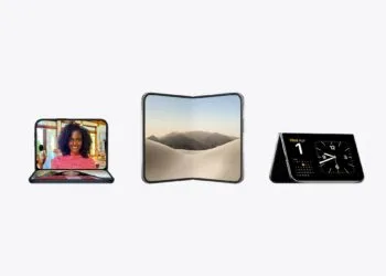 iPhone Duo repair costs: three iPhone Duo units in different positions, half open with a video call on the left, unfolded with a desert landscape in the middle, propped up with a clock and calendar on the right