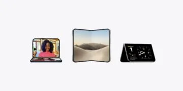iPhone Duo repair costs: three iPhone Duo units in different positions, half open with a video call on the left, unfolded with a desert landscape in the middle, propped up with a clock and calendar on the right