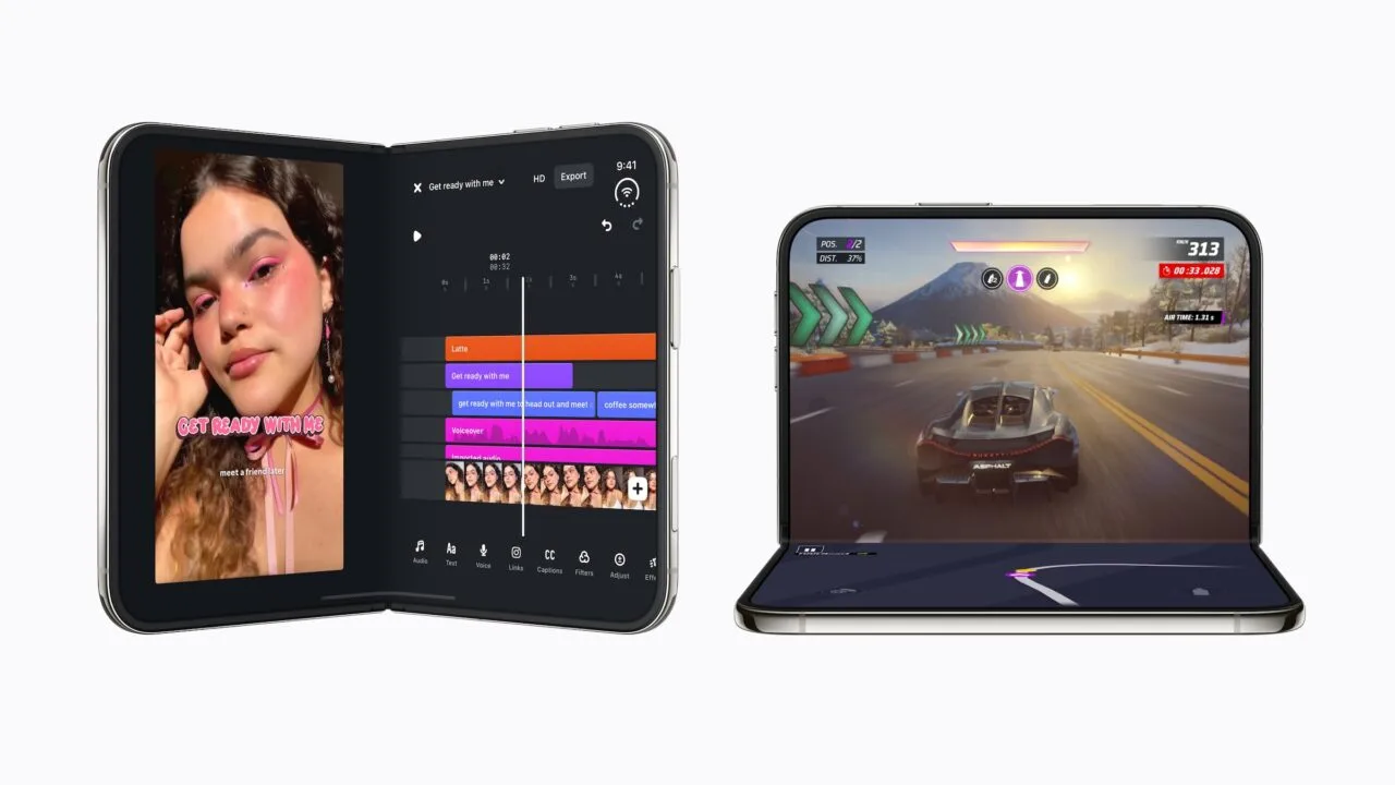 Two optimized apps on iPhone Duo: unfolded with the Edits video timeline, half-folded with the racing game Asphalt Legends