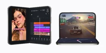 Two optimized apps on iPhone Duo: unfolded with the Edits video timeline, half-folded with the racing game Asphalt Legends