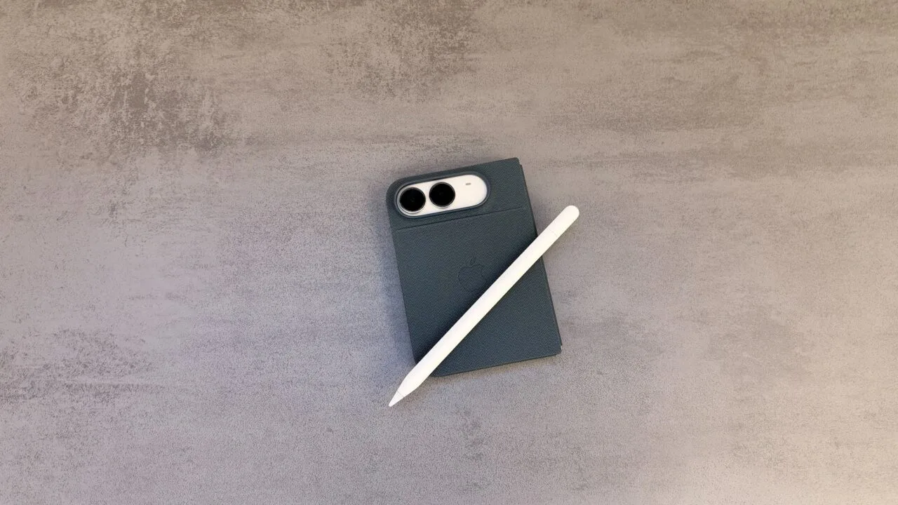 Folded iPhone Duo in a dark case on a grey stone surface with a white Apple Pencil on top – iPhone Duo with Apple Pencil