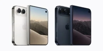 iPhone Duo benchmark: two half-opened iPhone Duo units in Starlight White and Night Sky with dual camera and a mountain scene on the inner display