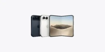 iPhone Duo order limit: two folded iPhone Duo in Midnight Sky and Starlight White seen from the back, next to an unfolded device showing a desert landscape on the inner display