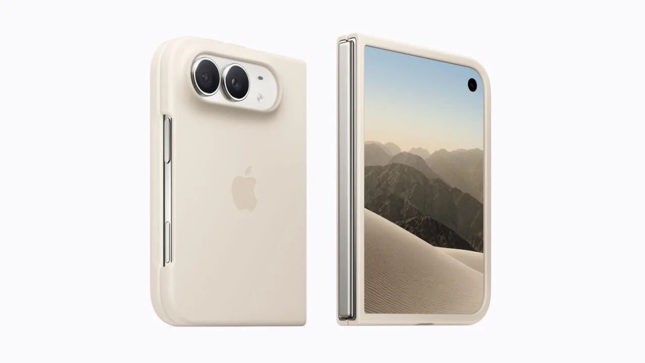 iPhone Duo Case in Sand: the folded iPhone Duo in Apple's case, the back with dual camera and Apple logo on the left, the outer display with a desert scene on the right