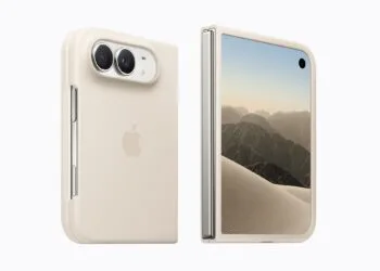 iPhone Duo Case in Sand: the folded iPhone Duo in Apple's case, the back with dual camera and Apple logo on the left, the outer display with a desert scene on the right