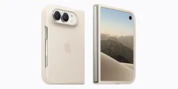 iPhone Duo Case in Sand: the folded iPhone Duo in Apple's case, the back with dual camera and Apple logo on the left, the outer display with a desert scene on the right
