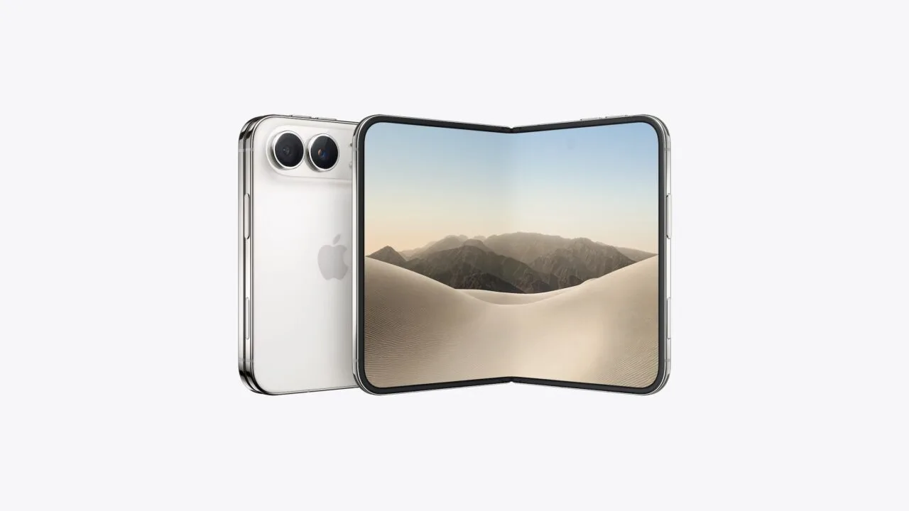 iPhone Duo in white, closed on the left showing the back, open on the right showing the folding inner display, which carries the replaceable cover layer