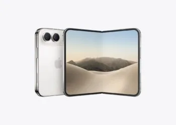 iPhone Duo in white, closed on the left showing the back, open on the right showing the folding inner display, which carries the replaceable cover layer