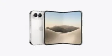 iPhone Duo in white, closed on the left showing the back, open on the right showing the folding inner display, which carries the replaceable cover layer