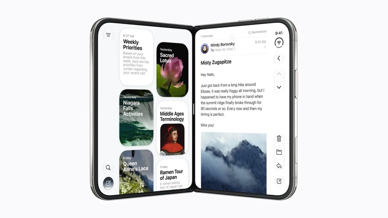 iPhone Duo review: Unfolded iPhone Duo showing an overview on the left and an open email with a mountain photo on the right of the inner display