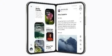 iPhone Duo review: Unfolded iPhone Duo showing an overview on the left and an open email with a mountain photo on the right of the inner display