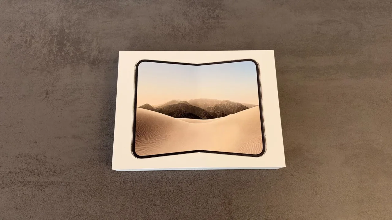 iPhone Duo market share: the iPhone Duo box showing the unfolded device on its lid, lying on a grey table