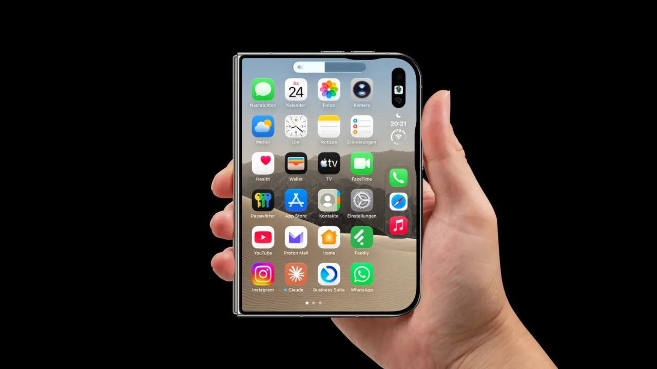 iPhone Duo volume buttons: folded iPhone Duo held in one hand, with the volume indicator showing on the outer display right below the two buttons on the top edge