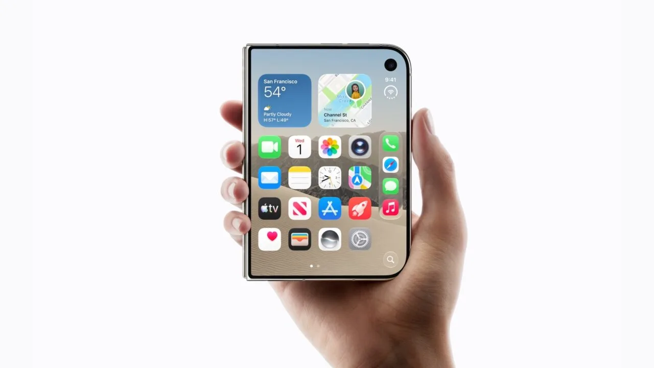 iPhone Duo delivery date: folded iPhone Duo held in one hand with the Home Screen on the outer display