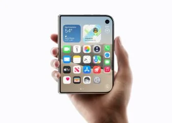 iPhone Duo delivery date: folded iPhone Duo held in one hand with the Home Screen on the outer display