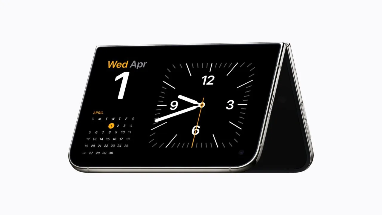 iPhone Duo demand: the foldable iPhone stands half open like a tent, showing a clock and a calendar in StandBy