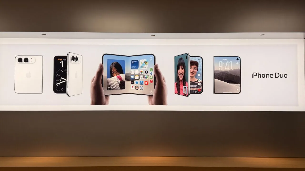 iPhone Duo without pre-order: advertising banner in an Apple Store showing the iPhone Duo closed, unfolded in two hands and during a video call, with the product name on the right