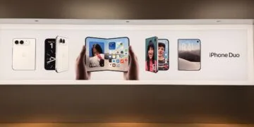 iPhone Duo without pre-order: advertising banner in an Apple Store showing the iPhone Duo closed, unfolded in two hands and during a video call, with the product name on the right