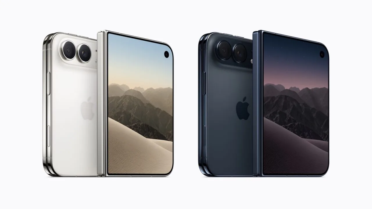iPhone Duo PDF: two half-opened iPhone Duo models in a light and a dark color, each showing the back and the inner display