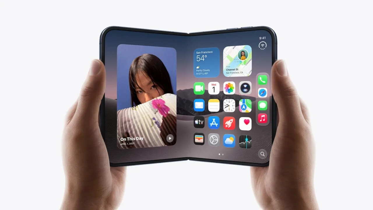 Unfolded iPhone Duo held in landscape with both hands showing the Home Screen, Apple is said to raise iPhone Duo production