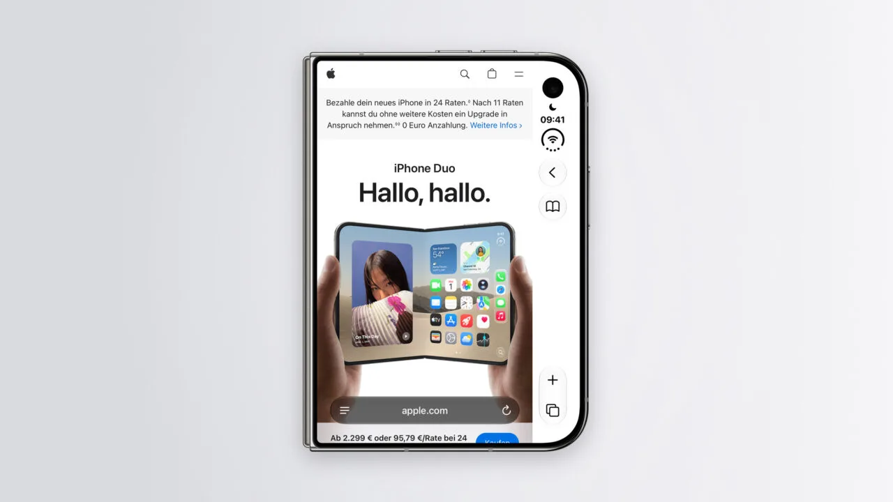 iPhone Duo Safari on the outer display: Apple's website fills only the left area, with the vertical bar holding the clock and controls on the right.
