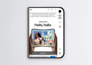 iPhone Duo Safari on the outer display: Apple's website fills only the left area, with the vertical bar holding the clock and controls on the right.