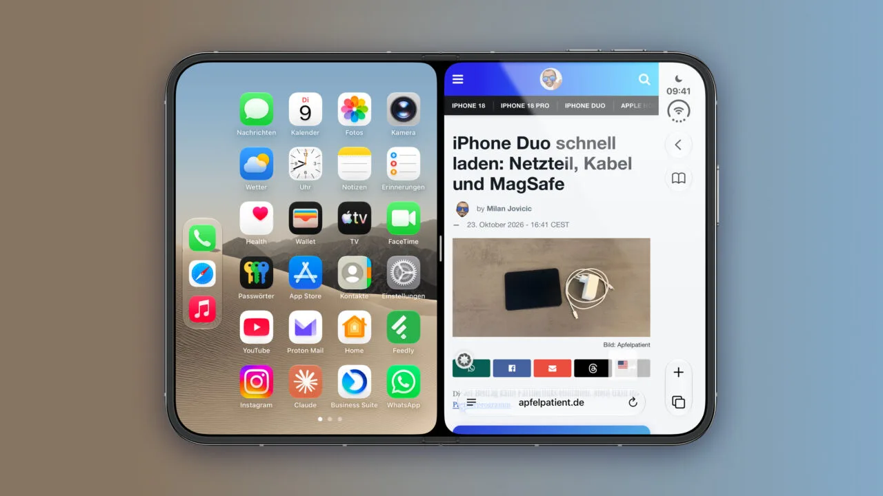 iPhone Duo Split View: unfolded iPhone Duo in landscape with a split inner display, the Home Screen on the left and Safari with an open article on the right