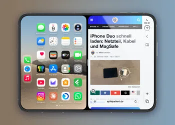 iPhone Duo Split View: unfolded iPhone Duo in landscape with a split inner display, the Home Screen on the left and Safari with an open article on the right