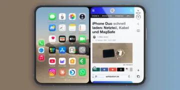 iPhone Duo Split View: unfolded iPhone Duo in landscape with a split inner display, the Home Screen on the left and Safari with an open article on the right
