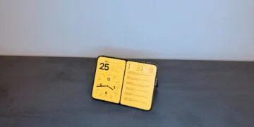 iPhone Duo StandBy on a kickstand: the fully unfolded iPhone Duo stands angled in landscape, showing the date, a calendar, a clock and stock prices.