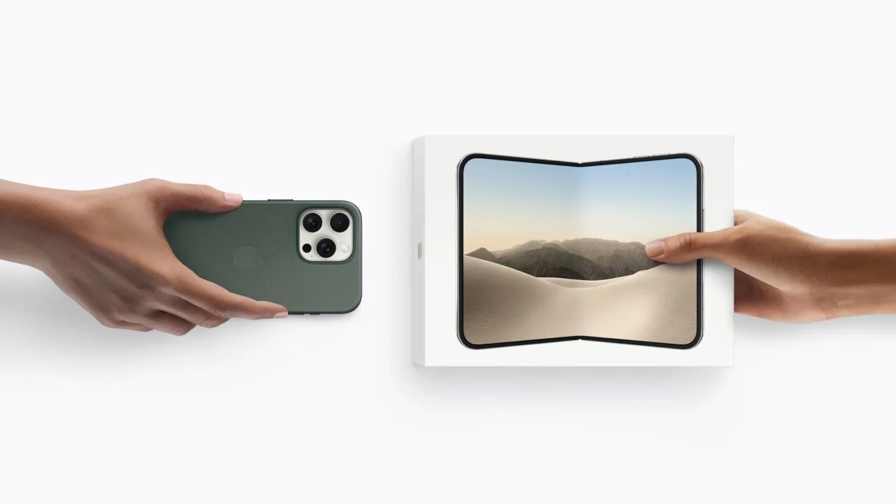 iPhone Duo launch plan: one hand holds an iPhone with three cameras in a green case, the other holds the iPhone Duo box showing the unfolded device