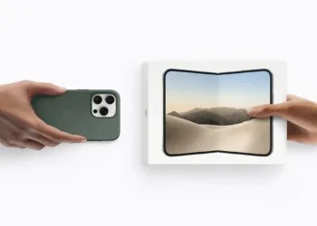 iPhone Duo launch plan: one hand holds an iPhone with three cameras in a green case, the other holds the iPhone Duo box showing the unfolded device