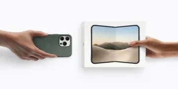 iPhone Duo launch plan: one hand holds an iPhone with three cameras in a green case, the other holds the iPhone Duo box showing the unfolded device